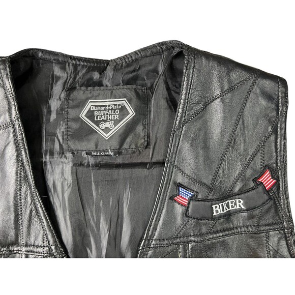 Diamond Plate Rock Design Buffalo Leather Motorcycle Biker Vest w Patches  XL - Picture 6 of 8